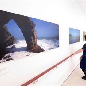 A corridor with a row of landscape-based photographs on the wall.