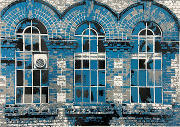 Stylised print of flat wall of Osney Power Station building - three arched windows on brick facade