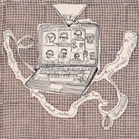 Stitched artwork: a laptop computer displays an image from an online meeting of 10 people, illegible scrawl alongside.
