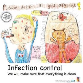 Poster illustrating promise 'Infection control - we will make sure that everything is clean'. Message reads 'Please don't visit if you are ill!'