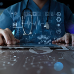 composite image of unidentified doctor working at a computer