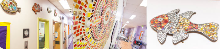 Photographic installation by Becky Patron, Close ups of mosiacs on wall