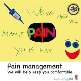 Poster illustrating promise 'Pain management - we will help keep you comfortable' with message 'We will help you manage your pain'