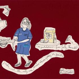 Stitched artwork: uniformed nurse wearing a face mask holding a bowl of biscuits, surrounded by illegible scrawl.