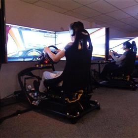 People playing a computer driving game.