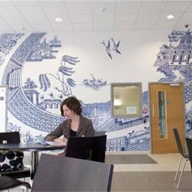 Wall covered in blue and white ceramic tiled mural, based on a design inspired by Chinese porcelain.