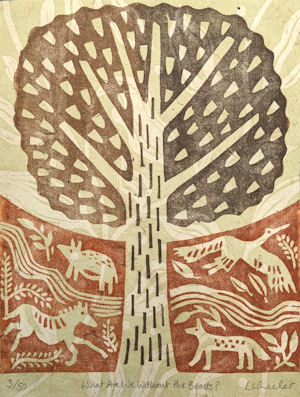 Simple two-colour print of a tree with three animals and a bird beneath