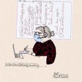 Stitched artwork: a woman sitting at a laptop computer writes on a notepad, illegible scrawl alongside.
