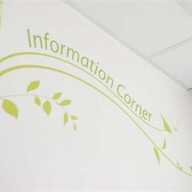 Green wall art - the words 'Information Corner' plus birds, branches and leaves.