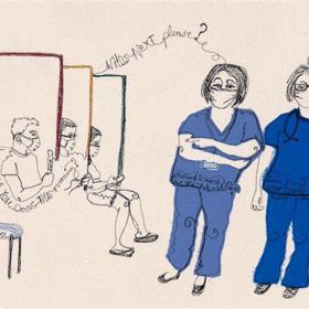 Stitched artwork: two nurses wearing face masks stand alongside three patients seated between dividing screens, illegible scrawl alongside.