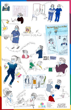 Tea towel with multiple naive images of vaccination clinics embroidered on it.