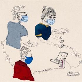 Stitched artwork: a nurse and two patients wearing face masks - the nurse prepares a syringe. Laptop computer and hand gel bottle nearby with illegible scrawl.