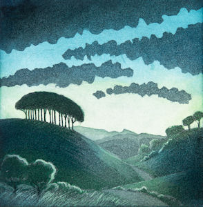 Print of clump of trees on distant hill beneath a sky with clouds