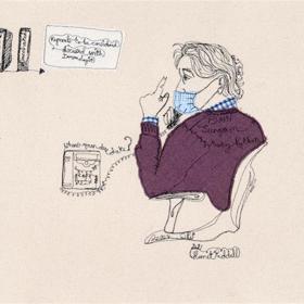 Stitched artwork: person wearing face mask sits in office chair talking on landline telephone, finger raised, illegible scrawl alongside.