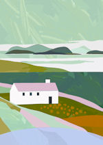 Naive print of cottage on hillside with coast and cliffs behind