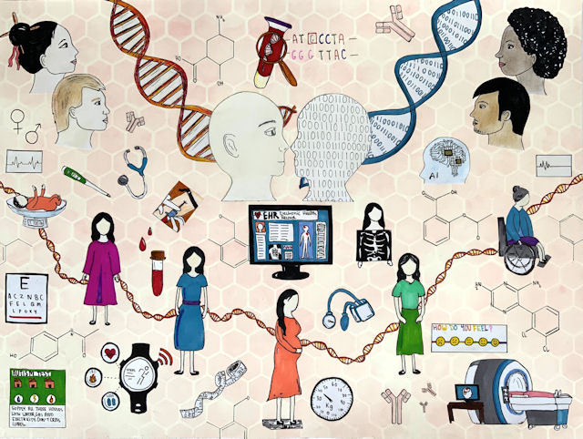A child's drawing of human figures, medical equipment and DNA strands
