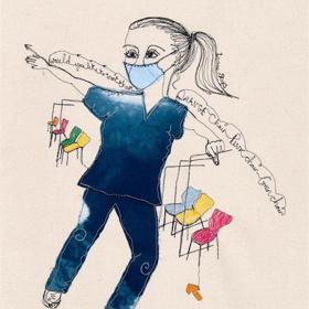 Stitched artwork: nurse in scrubs holding her arms wide in front of seven waiting room chairs