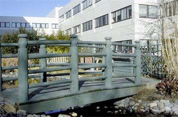 John Radcliffe Academic Centre behind wooden bridge in Japanese garden