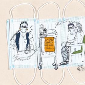 Stitched artwork on three disposable face masks, depicting a nurse and two seated patients wearing face masks, with a vaccine trolley in the centre.